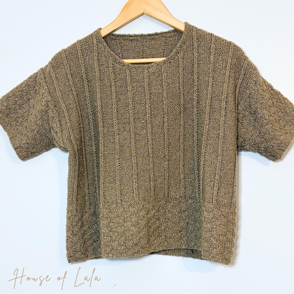 Textured Taupe Knit Top – Minimalist Short Sleeve Sweater, Neutral Essential